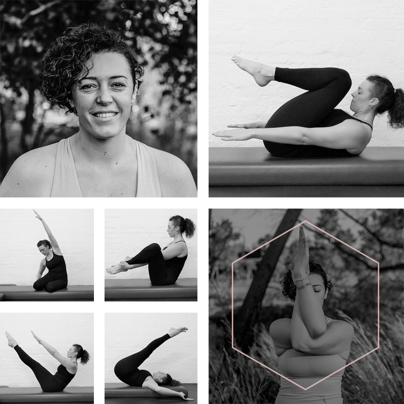 Montage of photographs of Justine Johnson: smiling at camera, in various pilates poses, plus a yoga meditation pose